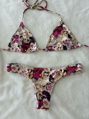 White Fox Swim floral Bikini 2-piece retro Triangle tie top sz Small